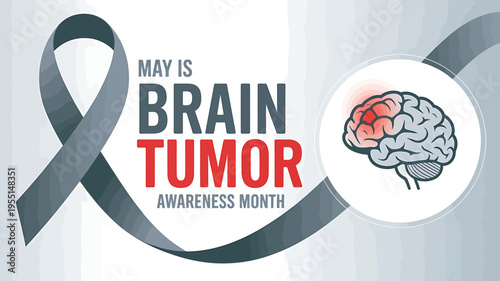 Brain tumor awareness month gray ribbon and brain illustration on white background