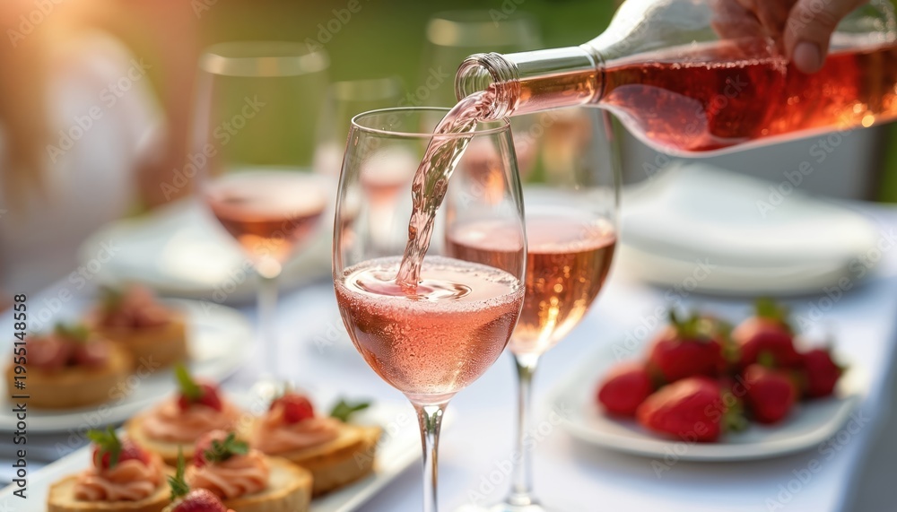 Fototapeta premium Hand pours pink wine into clear glass. Table has strawberries and small bites. Outdoor party setting with soft sun light. Guests celebrate summer.