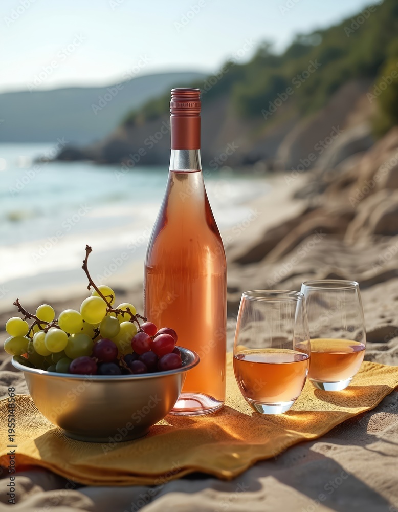 Fototapeta premium Bottle of rose wine with grapes and glasses on sand beach. Two glasses filled with pink wine. Sea waves in background. Sunny day relaxation on coast. Vacation picnic.