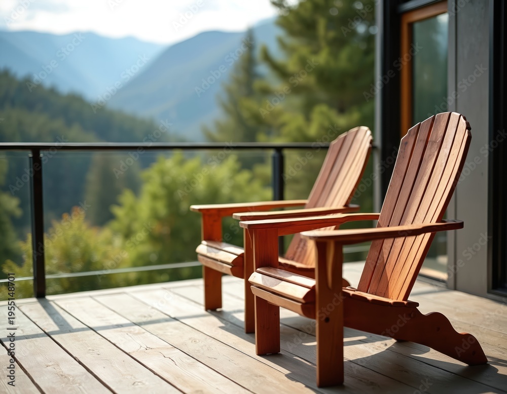 Obraz premium Two wooden Adirondack chairs wait on a sunlit porch. A vast mountain landscape unfolds behind the railing. This spot offers quiet relaxation and nature views.