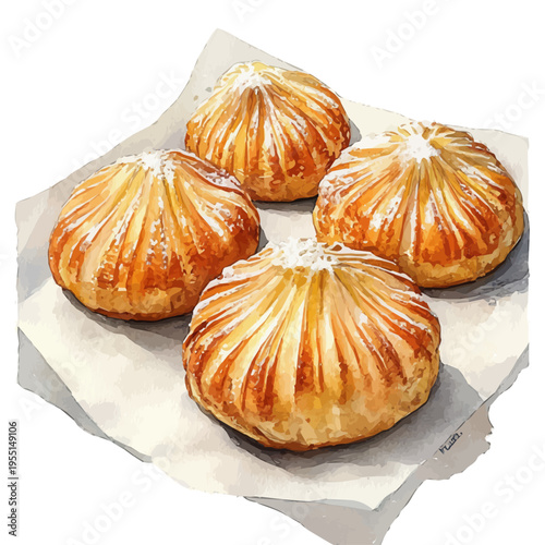 Zeppole, charming vector painting in watercolor with whimsical textures, isolated on a white background.