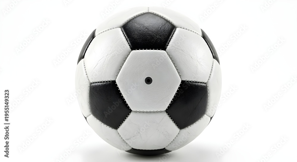 Fototapeta premium Classic black and white leather soccer ball with visible stitching and air valve, isolated on white background