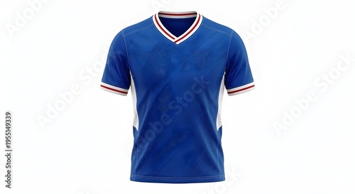 Blank blue soccer jersey mockup with red and white v-neck collar, sports t-shirt template isolated on white background