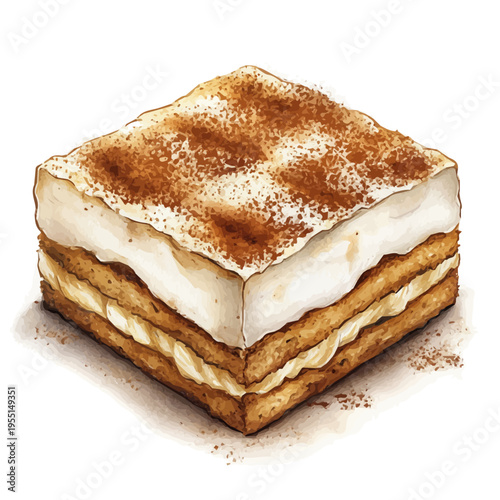 Tiramisu, delicate painting watercolor vector with vivid brush accents, isolated on a white background.