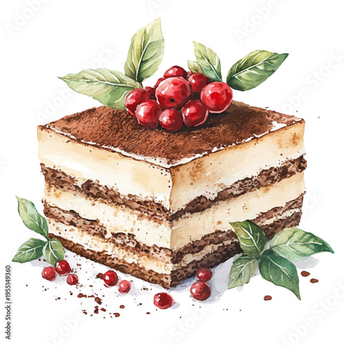 Tiramisu, graceful vector watercolor painting with soft flowing strokes and subtle highlights, isolated on a white background.