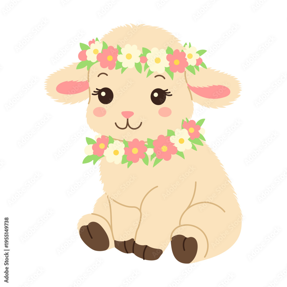 Fototapeta premium Adorable lamb sits peacefully with flower crown. Pink and white blossoms frame its gentle face. Soft eyes and smiling mouth exude calm happiness. Perfect for baby, spring, or nature-themed designs