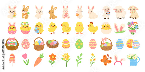 Cute bunnies and chicks in cheerful pastel tones. Pastel eggs, baskets, and flowers add festive charm. Spring-themed decor for nursery, bakery, or craft projects
