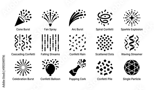 Festive confetti and streamer icon set illustrating celebration elements in black and white