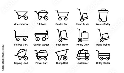 Various cart and trolley icons for gardening and industrial uses
