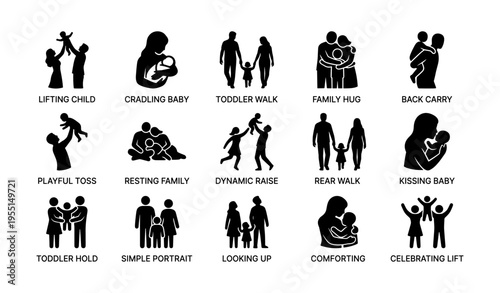 Family interaction icons depicting parenthood activities and bonds
