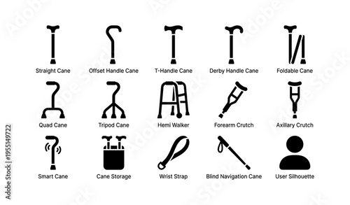 Various mobility aids: canes, crutches, walkers, and accessories overview