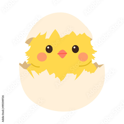 Tiny chick peeks from cracked eggshell. Soft yellow feathers, rosy cheeks, and big eyes. New life emerges with gentle, curious expression. Perfect for spring themes, baby milestones, or nature joy