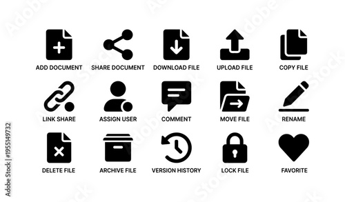 Essential file management icons: download, upload, share, and more