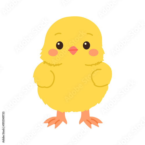 Cute yellow chick stands with soft, fluffy feathers. Pink cheeks and tiny feet add charm to its innocent face. Simple design makes it perfect for baby-themed projects