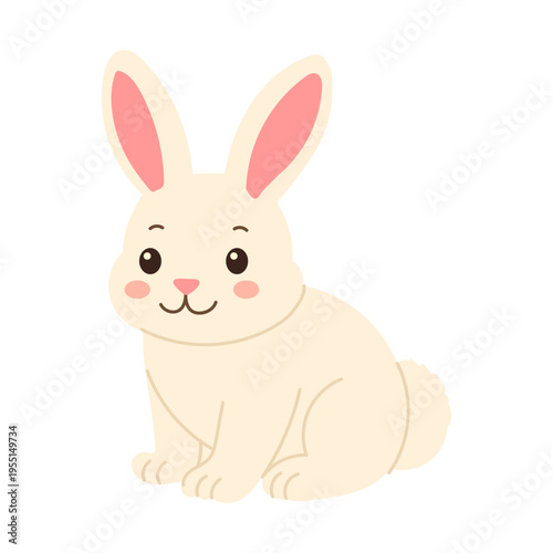 Cute white rabbit sits calmly. Pink inner ears add charm to its face. Soft blush highlights cheeks, giving warmth. Simple lines create gentle, inviting appearance. Perfect for spring, Easter