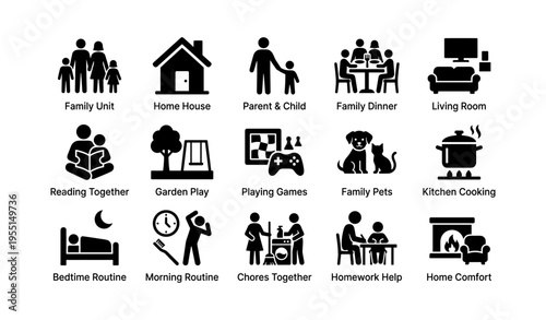 Family life icons depicting home activities and interactions