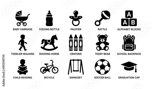 Kid's toys and essentials icons featuring stroller, bottle, pacifier, and more