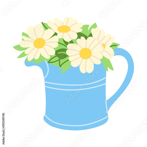 Blue pitcher holds daisies with yellow centers. Green leaves frame soft white petals. Simple design evokes calm, gentle freshness. Perfect for spring-themed visuals or home decor