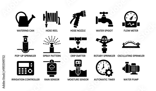 Garden irrigation tools: watering can, hose reel, spigot, sprinklers, sensors, pump