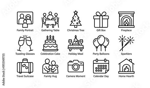 Holiday celebration icons collection featuring gift box, christmas tree, and family gathering