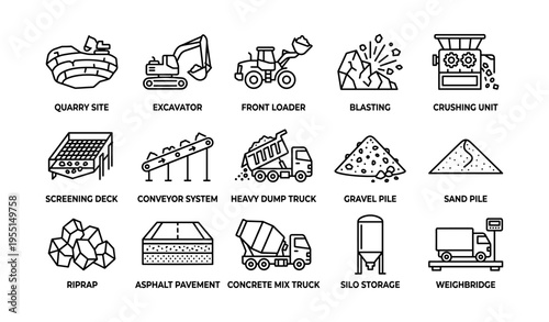 Construction equipment and materials icons: excavator, loader, quarry, and more