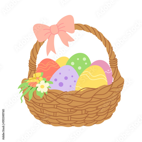 Baskets hold colorful eggs, tied with a soft pink bow. Pastel eggs gleam with playful patterns and cheerful hues. Tiny white flower adds charm beside the eggs. This image evokes springtime joy