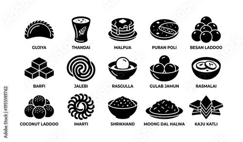 Icon set of popular indian sweets and drinks with names