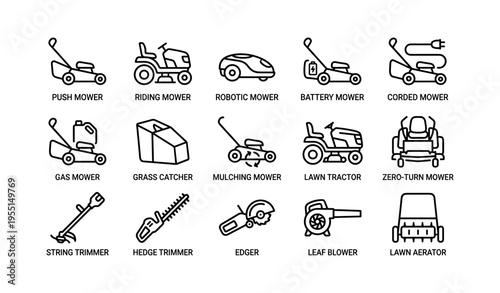Illustration of various lawn care equipment icons in simple outline design