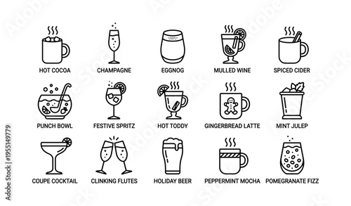 Variety of holiday drinks icons including hot cocoa, eggnog, mulled wine, and festive cocktails
