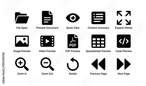 User interface icons for file navigation and media preview functions