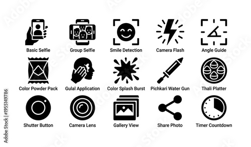 Photography icons: selfies, camera tools, and festival elements in black and white