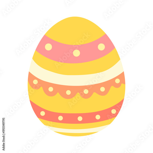 Bright yellow egg with colorful stripes and dots. Pink and orange bands add cheerful spring vibes. Perfect for Easter, kids, or festive designs. Simple, clean background lets the egg shine