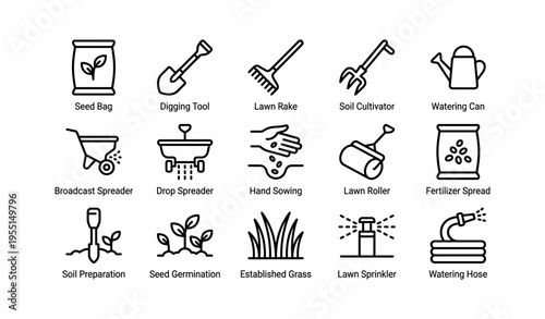 Gardening icons: tools and processes for lawn and soil care