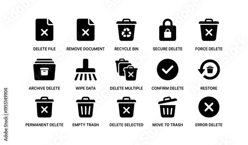 Set of 16 black delete and secure icons with trash bins and security symbols