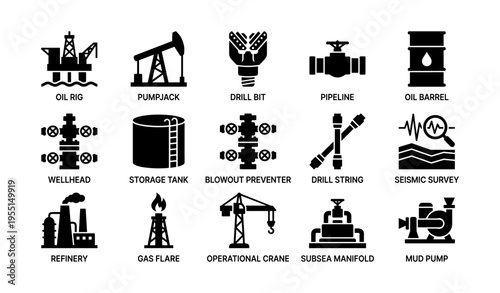 Silhouettes of oil industry equipment and infrastructure icons