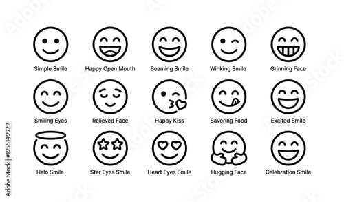 Variety of emoticon expressions: happiness, love, excitement, celebration, and delight