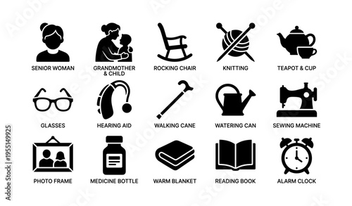 Icons representing senior lifestyle and activities: woman, mother and child, knitting, sewing, and reading