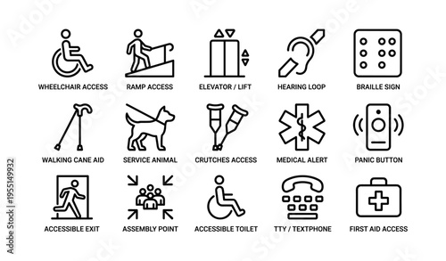 Accessibility icons featuring wheelchair, ramp, elevator, and hearing loop symbols