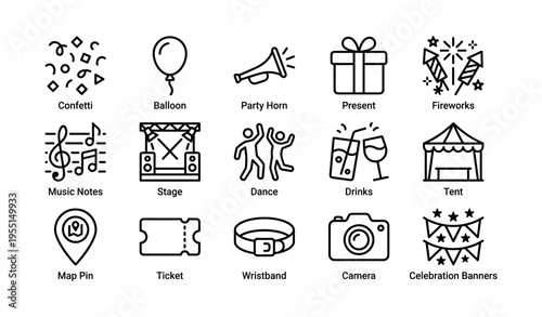 Party celebration icons set: confetti, balloon, present, and more