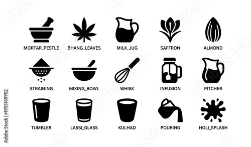 Traditional indian drink ingredients and utensils silhouettes