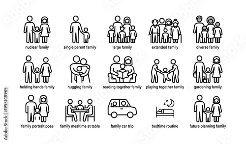 Diverse family icons illustrating various family activities and structures in black and white