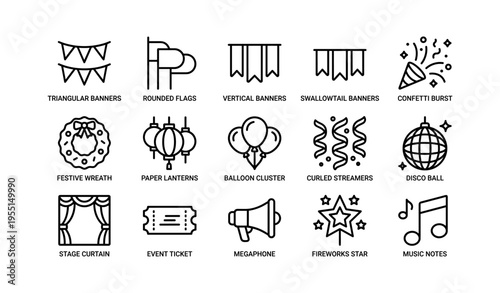 Event decoration icons: banners, lanterns, balloons, and streamers