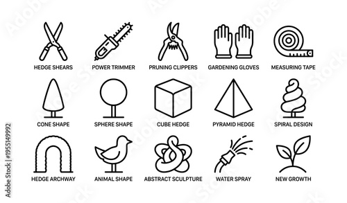 Garden tools and shapes collection with hedge designs and abstract sculptures