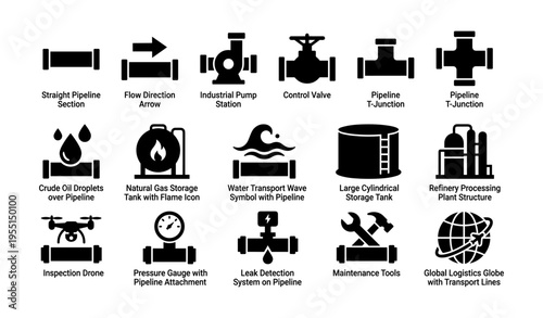 Assorted industrial pipeline icons including valves, pumps, and storage tanks