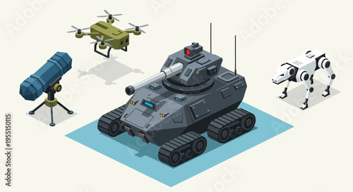 Isometric illustration of advanced military technology including a drone, tank, robotic dog, and surveillance equipment.