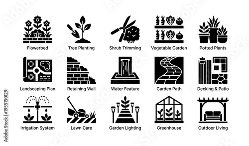 Garden design icons: flowerbed, tree planting, shrub trimming, vegetable garden, potted plants