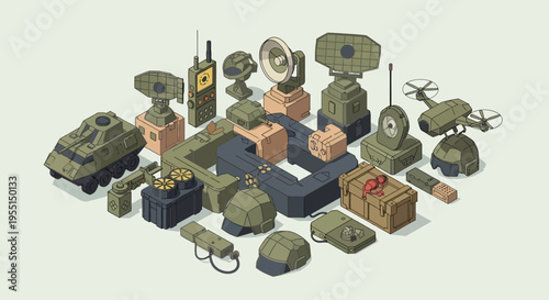 Isometric illustration of various military equipment including tanks, drones, radar, and communication devices.