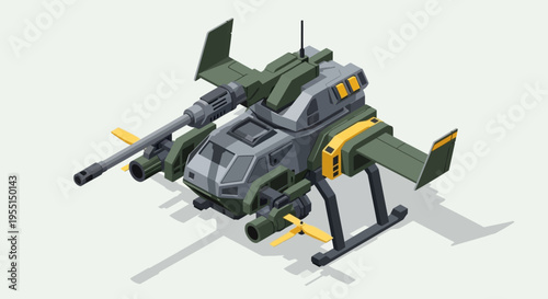 A futuristic, heavily armed attack helicopter with a large cannon and missile pods, rendered in a stylized isometric view.