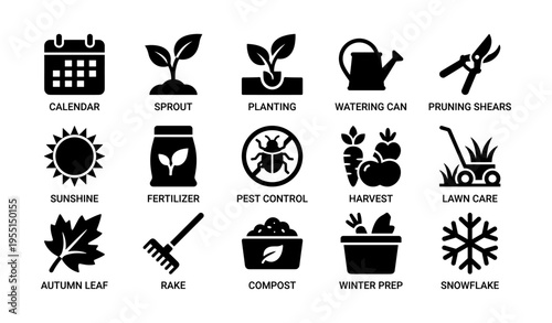 Garden icons set with tools and plants for seasonal care and maintenance