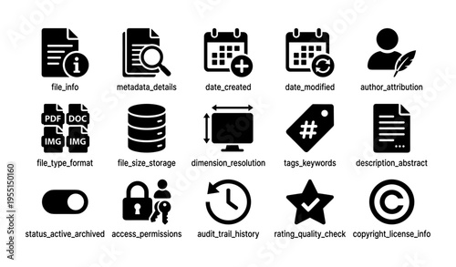 Information icons set for file management, storage, and metadata details